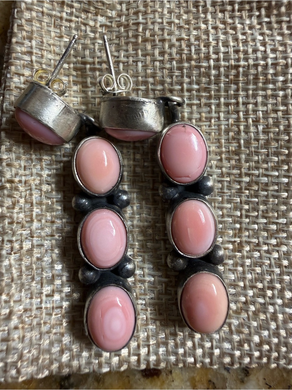 Navajo crafted, pink conch, shell, dangle earrings, set in sterling silver